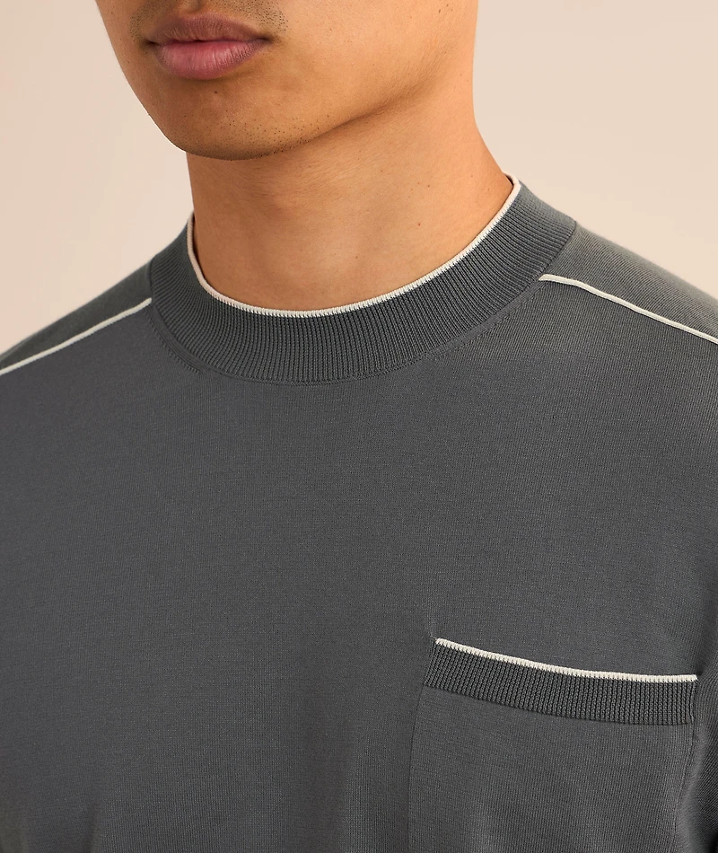 Striped Trim Cotton Crewneck Sweater
