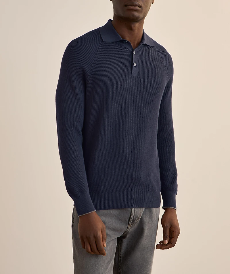 Ribbed Raglan Cotton Polo Sweater