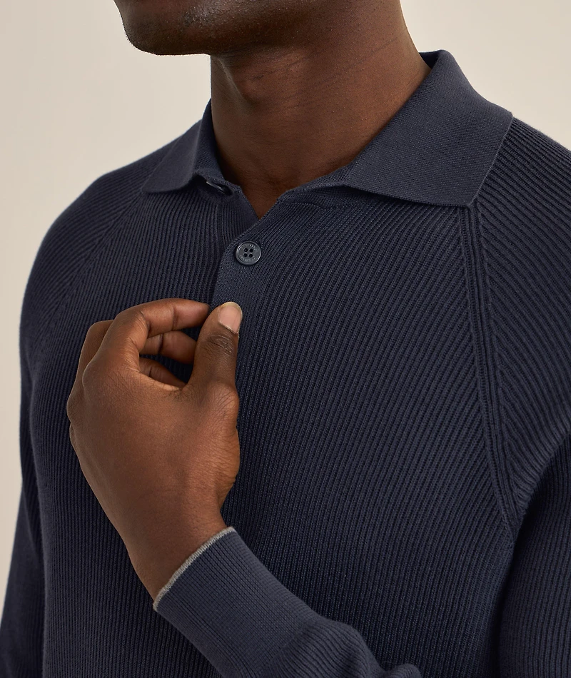 Ribbed Raglan Cotton Polo Sweater