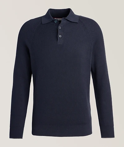Ribbed Raglan Cotton Polo Sweater
