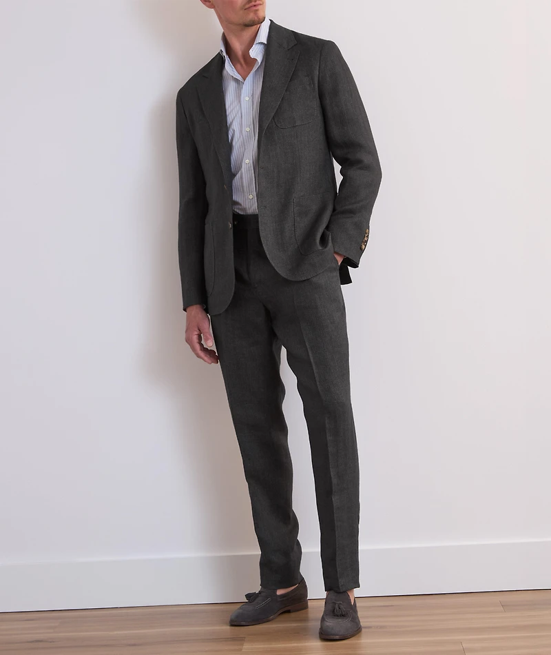 Leasure-Fit Herringbone Linen Pleated Pants