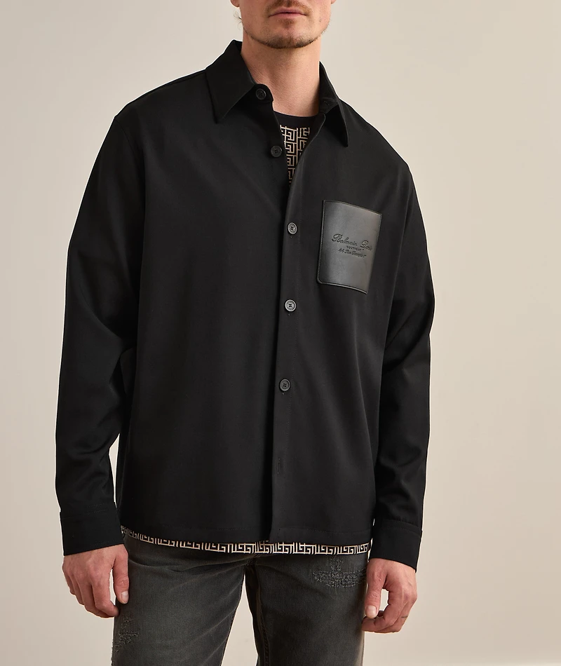 Stretch-Wool Leather Pocket Overshirt