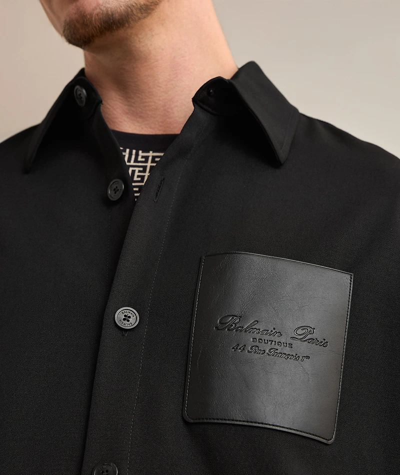 Stretch-Wool Leather Pocket Overshirt