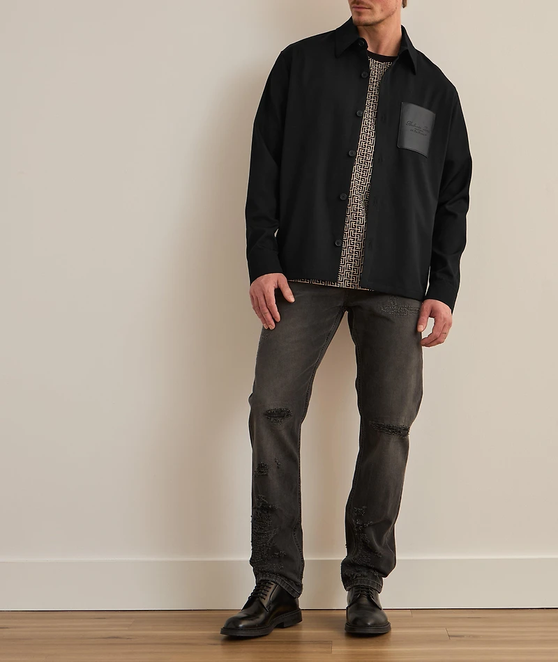 Stretch-Wool Leather Pocket Overshirt
