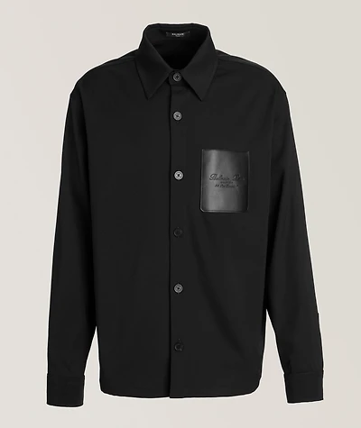 Stretch-Wool Leather Pocket Overshirt