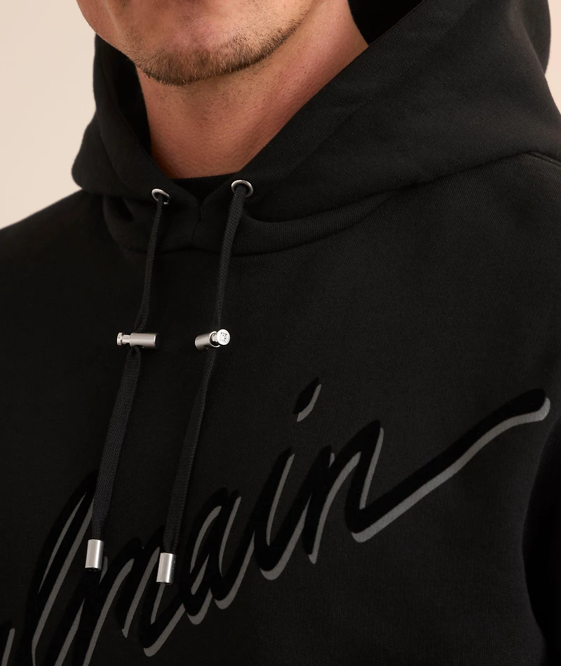 Flocked Cursive Logo Hooded Sweater