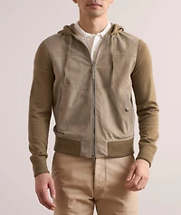 Hooded Suede-Front Zippered Cardigan