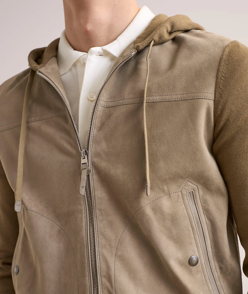 Hooded Suede-Front Zippered Cardigan