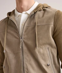 Hooded Suede-Front Zippered Cardigan