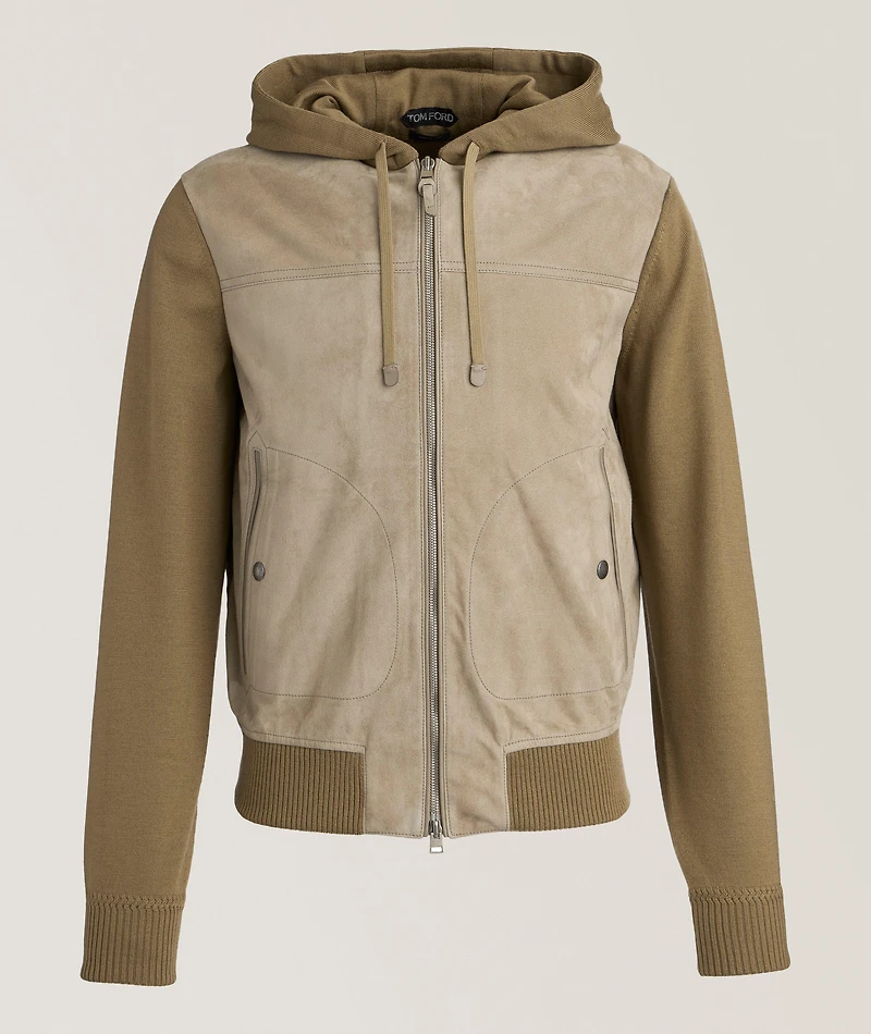Hooded Suede-Front Zippered Cardigan