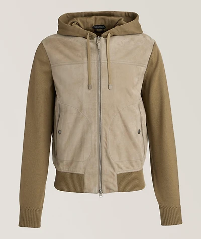 Hooded Suede-Front Zippered Cardigan