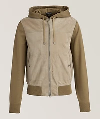 Hooded Suede-Front Zippered Cardigan