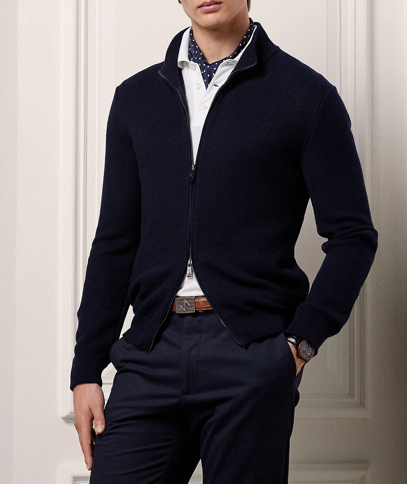 Honeycomb Silk-Cotton Knit Zipper Cardigan