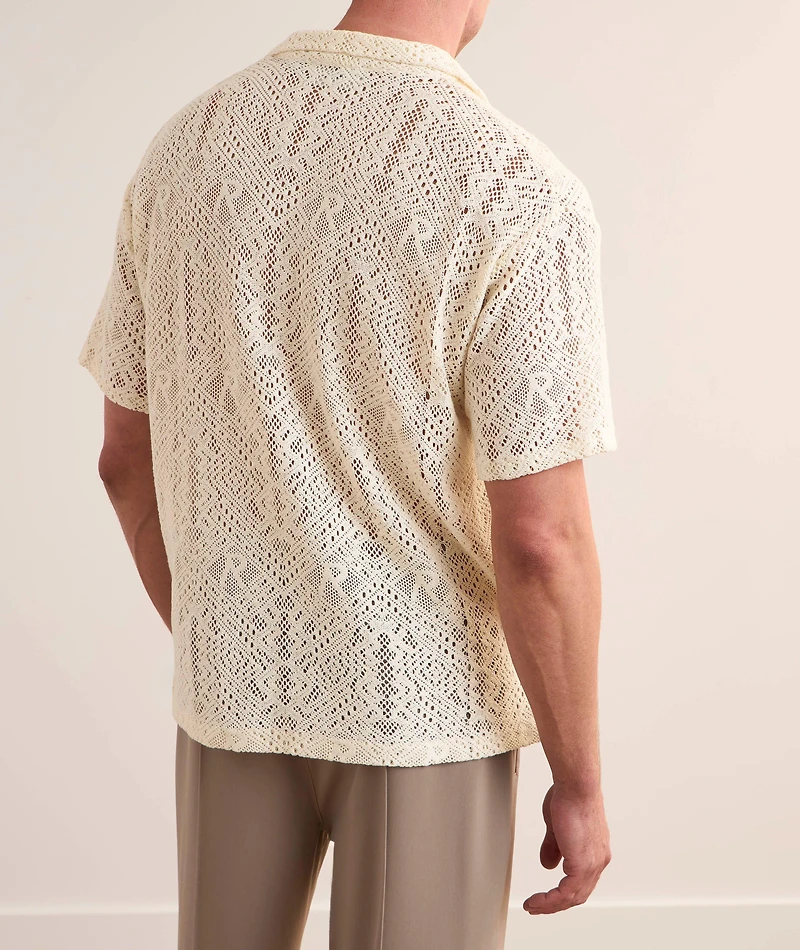 Embroidered Crochet Camp Shirt