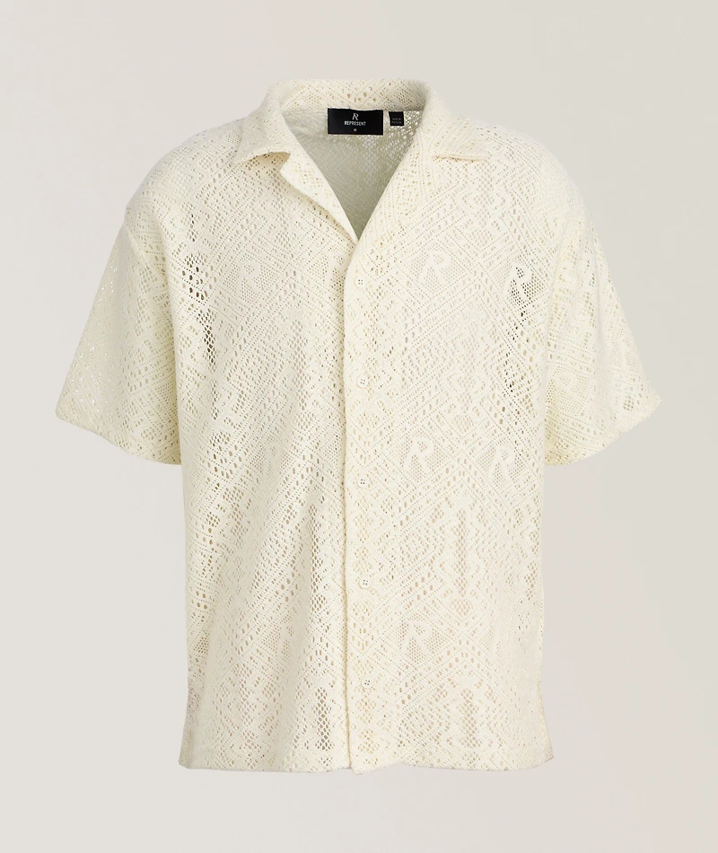 Embroidered Crochet Camp Shirt
