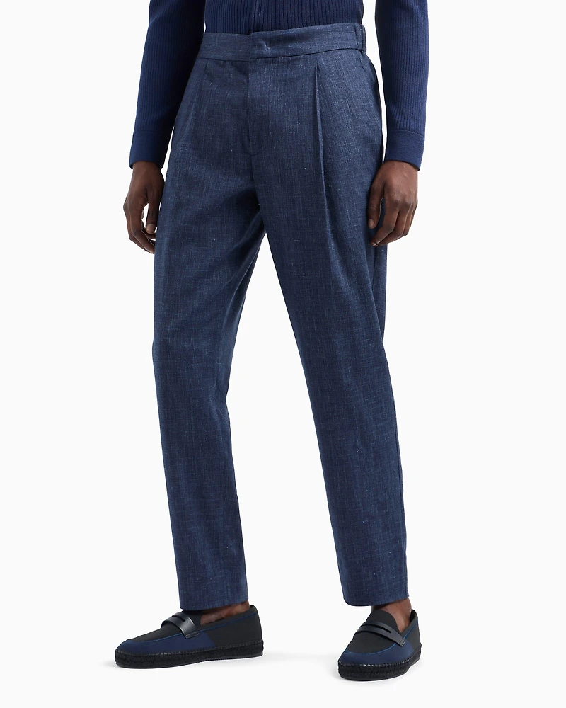 Wool-Silk Canvas Single-Pleat Pants