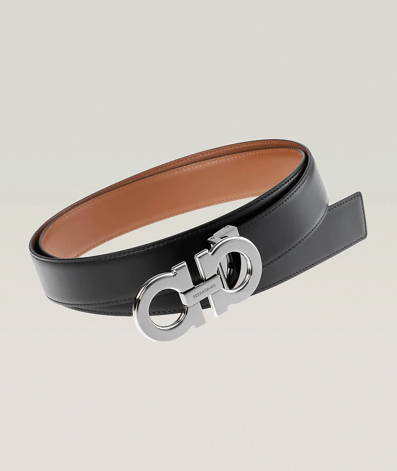 Double Gancini Reversible Leather Belt 