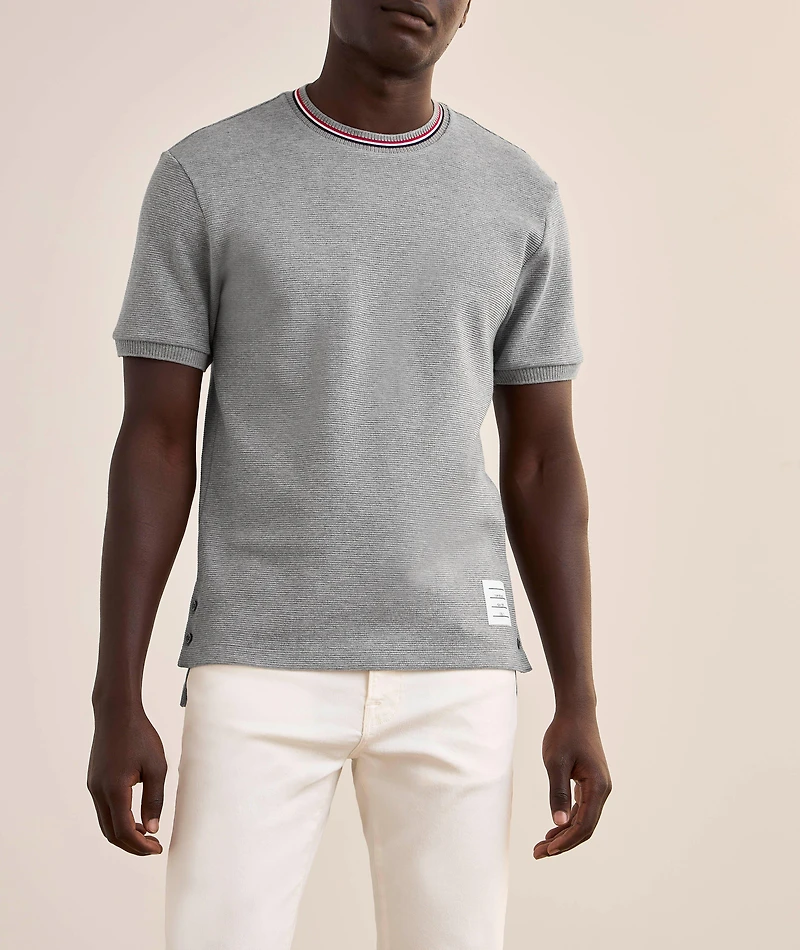 Striped Trim Cotton Waffle-Knit T-Shirt