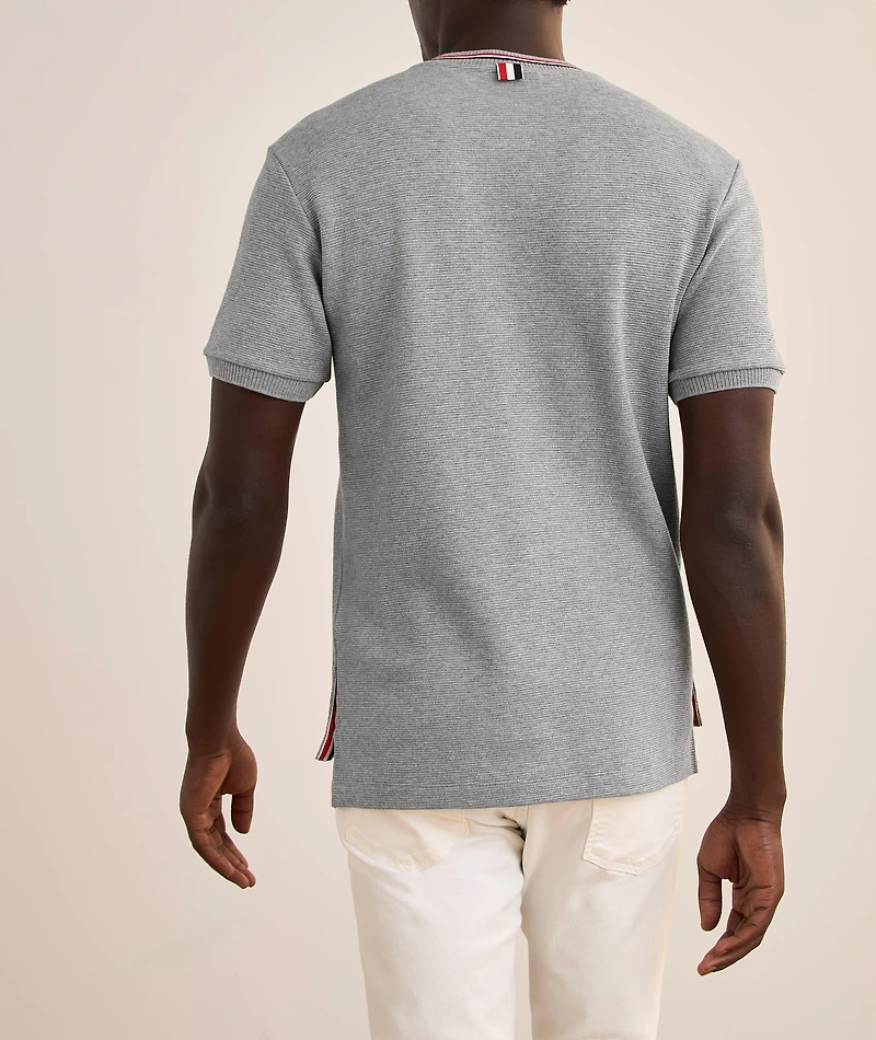Striped Trim Cotton Waffle-Knit T-Shirt