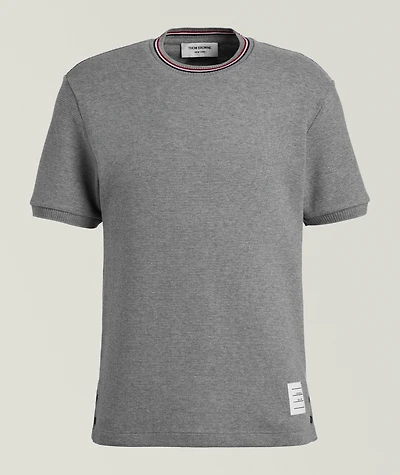 Striped Trim Cotton Waffle-Knit T-Shirt