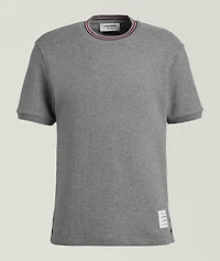Striped Trim Cotton Waffle-Knit T-Shirt