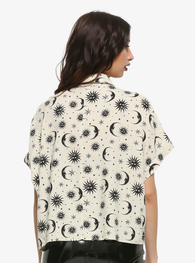 Cream & Black Celestial Girls Oversized Crop Button-Up