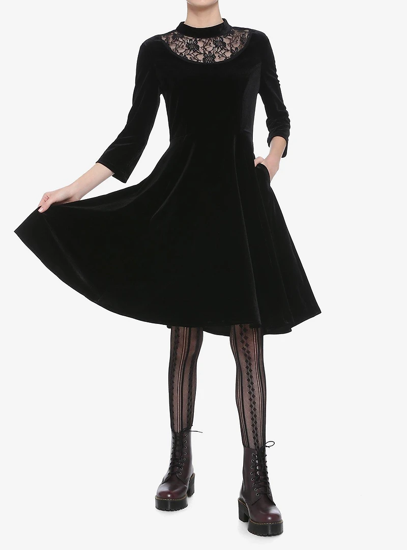 Lace Neck Velvet Long-Sleeve Dress