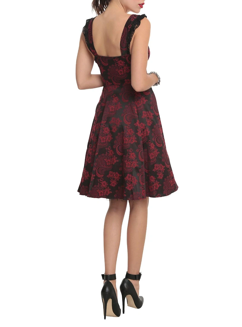 Red and Black Brocade Lace Up Dress