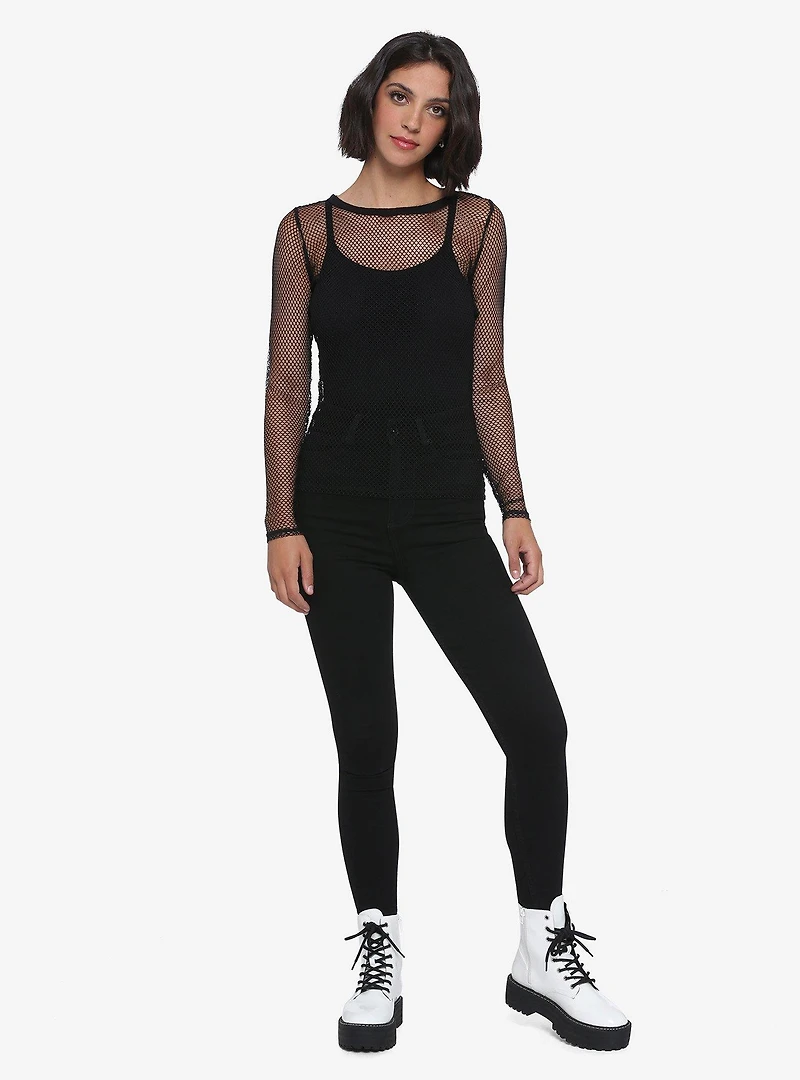 Social Collision Black Fishnet Mesh Girls Long-Sleeve Top