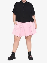 Black Boxy Heart Buttons Girls Crop Woven Button-Up Plus Size