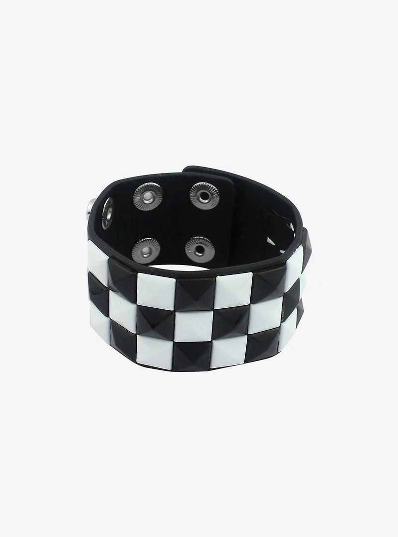 Black & White Checkered Pyramid Stud Cuff Bracelet