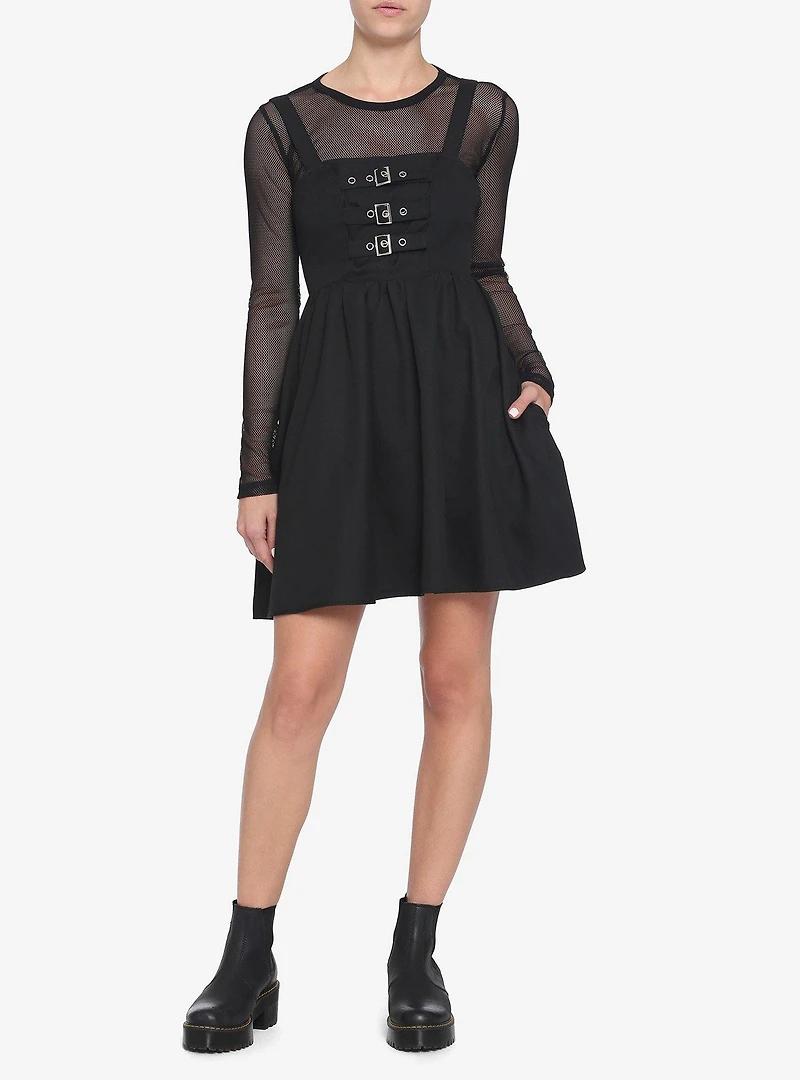 Black Multi-Buckle Front Pinafore Dress