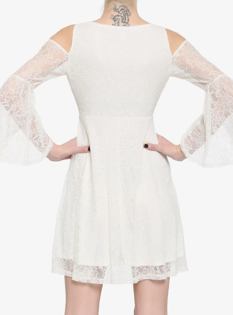 Ivory Cold Shoulder Bell-Sleeve Lace Dress