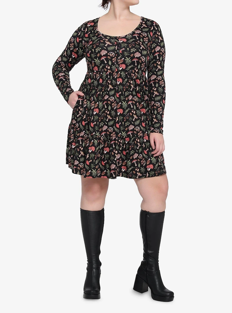 Woodland Mushroom Tiered Long-Sleeve Dress Plus Size