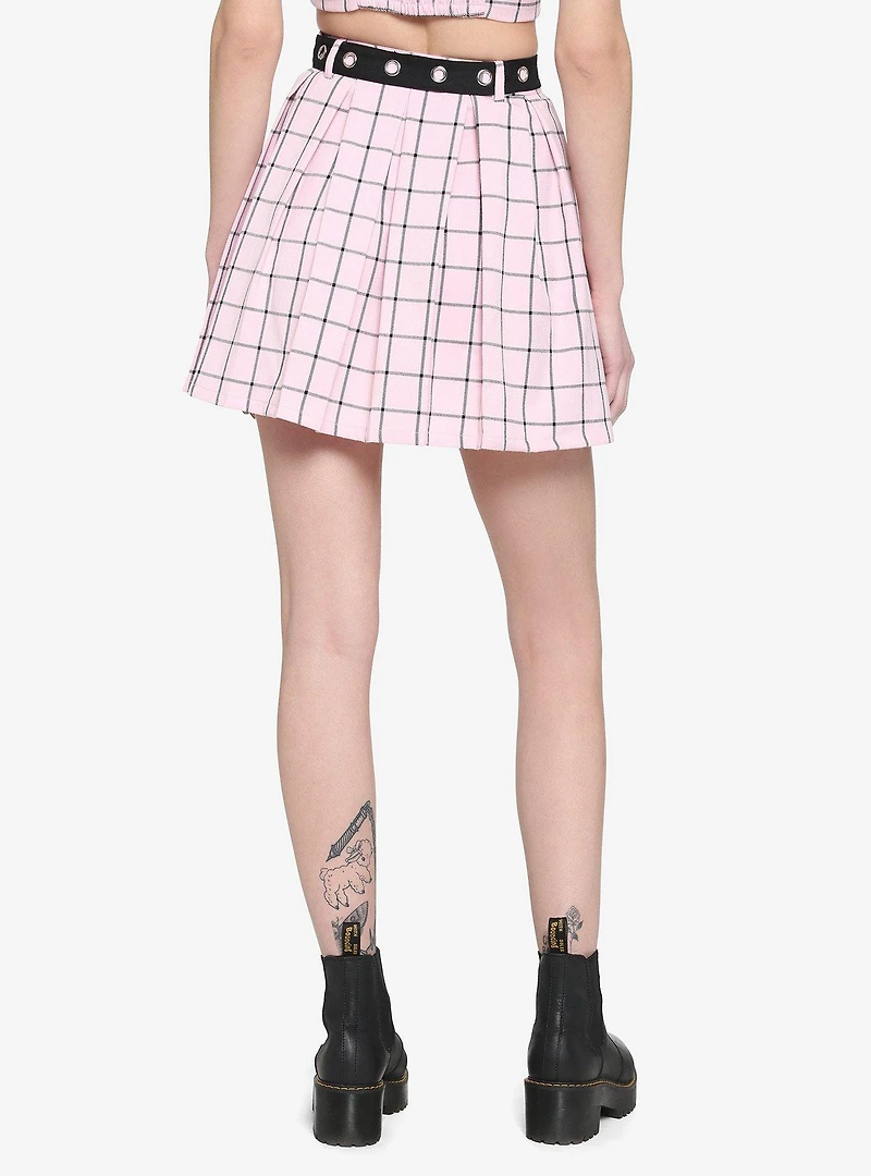 Pink & Black Grid Pleated Skirt With Grommet Belt