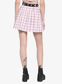 Pink & Black Grid Pleated Skirt With Grommet Belt
