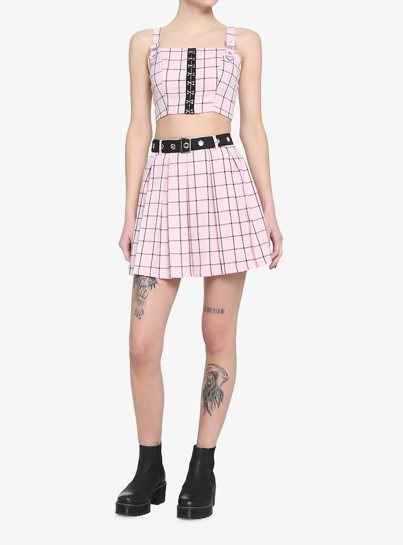 Pink & Black Grid Pleated Skirt With Grommet Belt