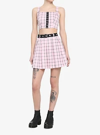Pink & Black Grid Pleated Skirt With Grommet Belt