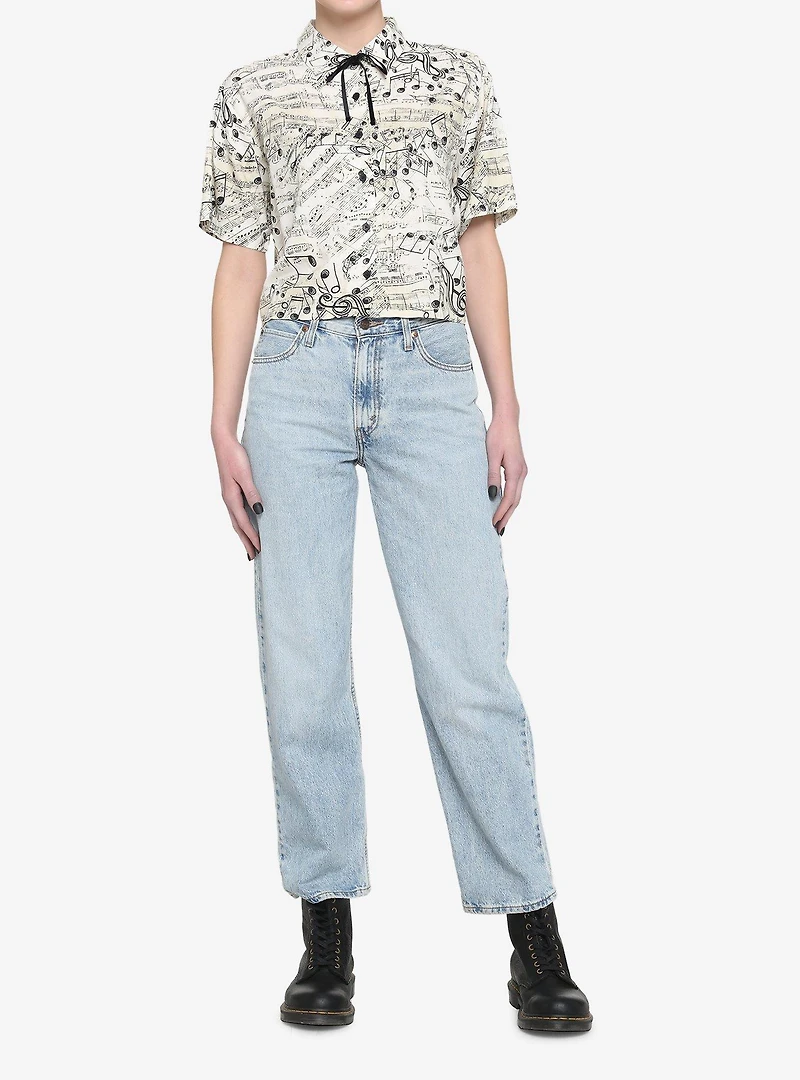 Music Notes Boxy Girls Crop Woven Button-Up
