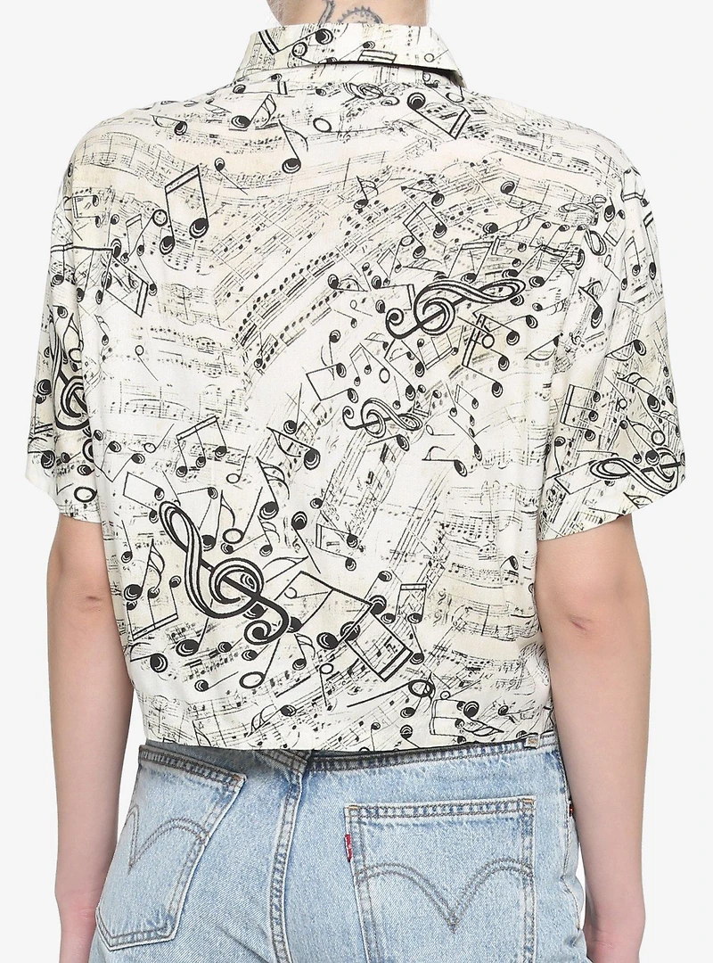 Music Notes Boxy Girls Crop Woven Button-Up