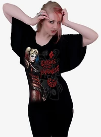 DC Comics Harley Quinn Embrace Madness Boat Neck Bat Sleeve Top