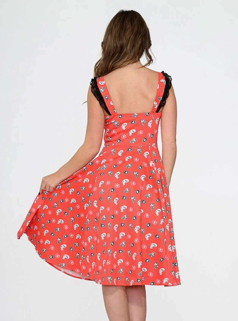 Red Skulls Lace Up Front Dress