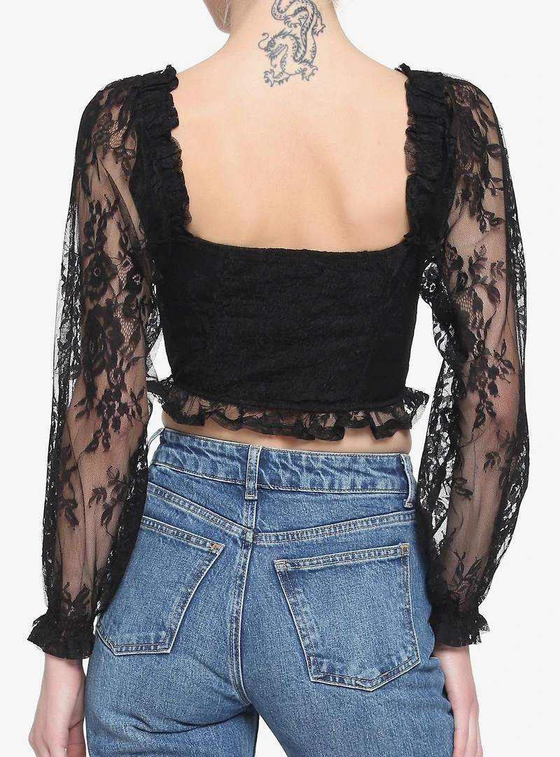 Black Lace Corset Girls Crop Long-Sleeve Top