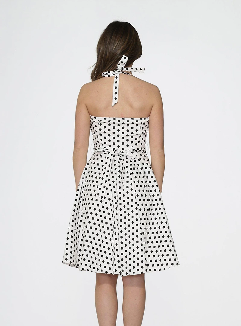 White Black Polka Dot Halter Dress