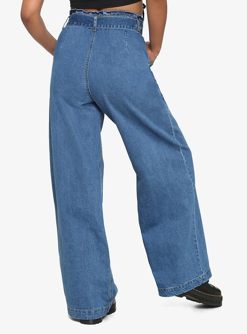 Wide Leg Grommet Belt High-Waisted Denim Pants