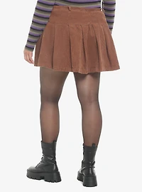 Brown Corduroy Pleated Mini Skirt Plus Size