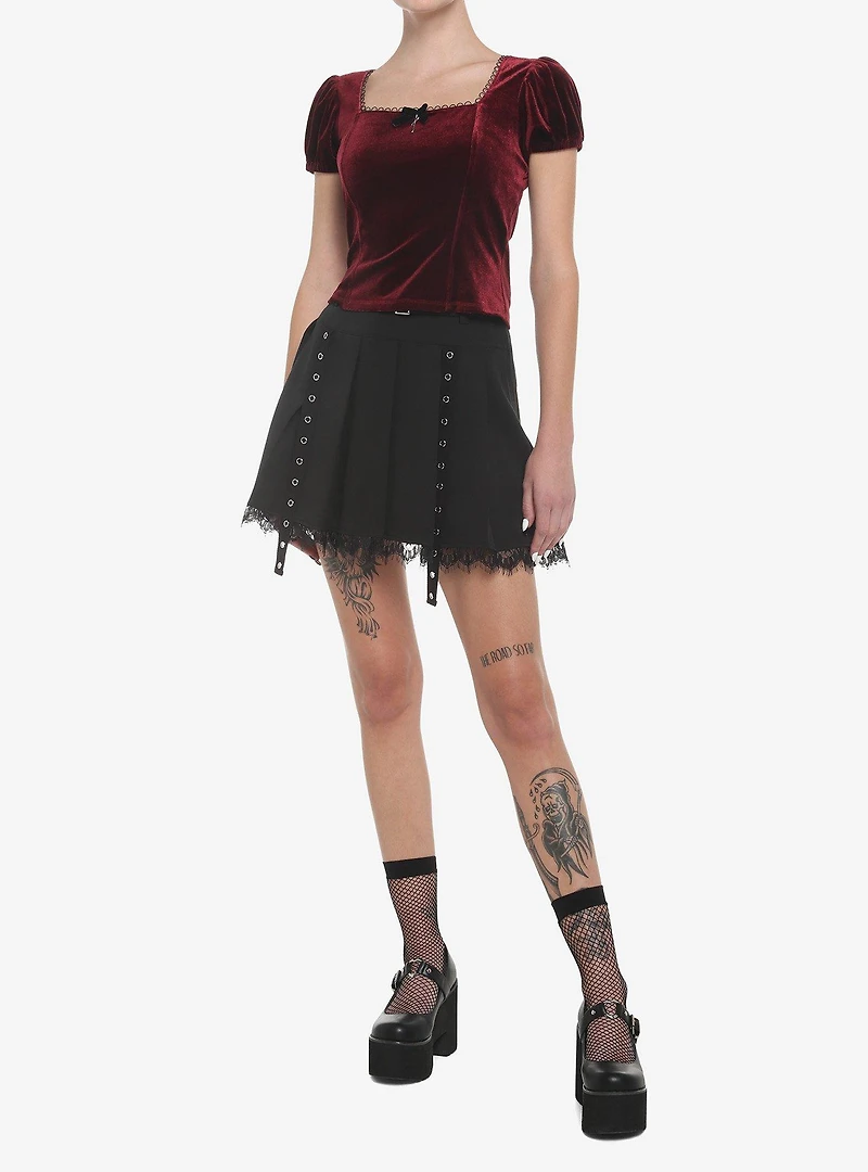 Burgundy Velvet Puff-Sleeve Girls Top