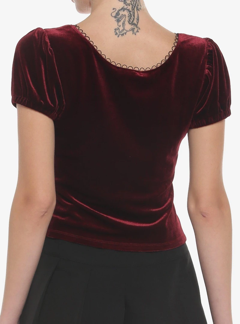 Burgundy Velvet Puff-Sleeve Girls Top