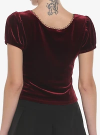 Burgundy Velvet Puff-Sleeve Girls Top