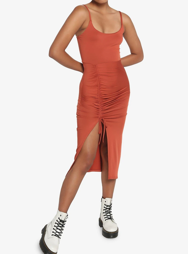 Mango Ruched Slit Midi Dress